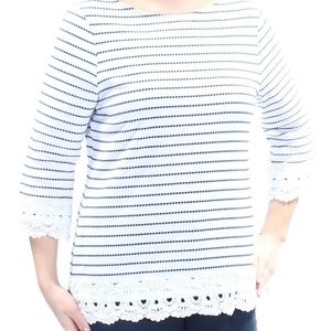 White & Black Striped 3/4 Sleeve Lace Accents Top